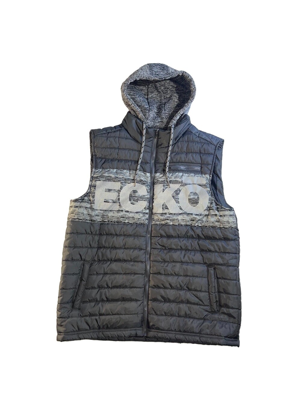 ECKO UNLTD Quilted Puffer Vest Black Gray Hooded Spellout Logo Y2K Mens Large
